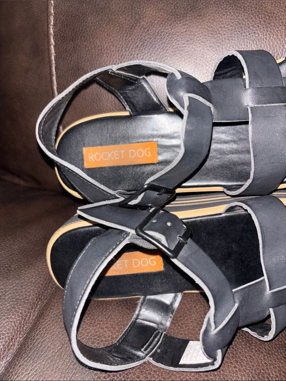 Rocket Dog Black Strappy Platform Sandals with Tan Striped Sole